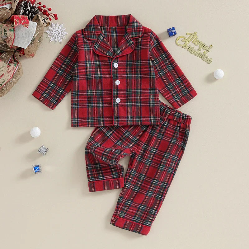 (Pack of 2) Christmas Kids Girls Boys Pajamas Set Loungewear Suit Plaid Button up Long Sleeve Shirt and Elastic Pants Toddler Sleepwear