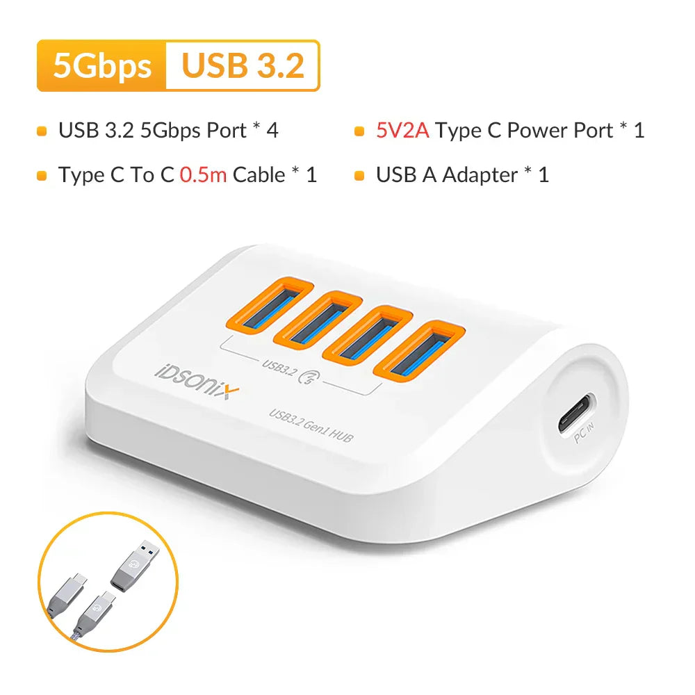 IDsonix USB Splitter USB 3.2 Hub 10Gbps Type C Adapter Multi Ports USB 3.0 Docking Station Hub for Surface Macbook Laptop PC Hub