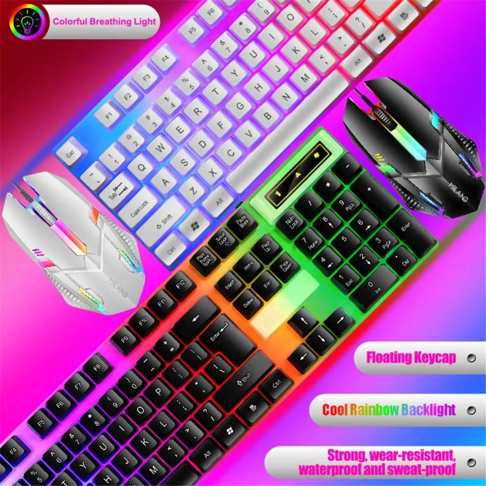 Rainbow Backlit Wired Keyboard and Mouse,Floating Keycap Strong, Wear-resistant, Comfortable Feel Keyboard for Business Office
