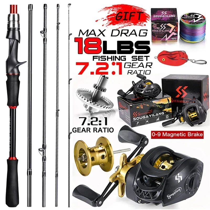 Sougayilang Casting Fishing Rod Reel Set 1.8/2.1m Carbon Fiber Casting Rod and Reel Max Drag 8kg with Line Lure for Bass Pike