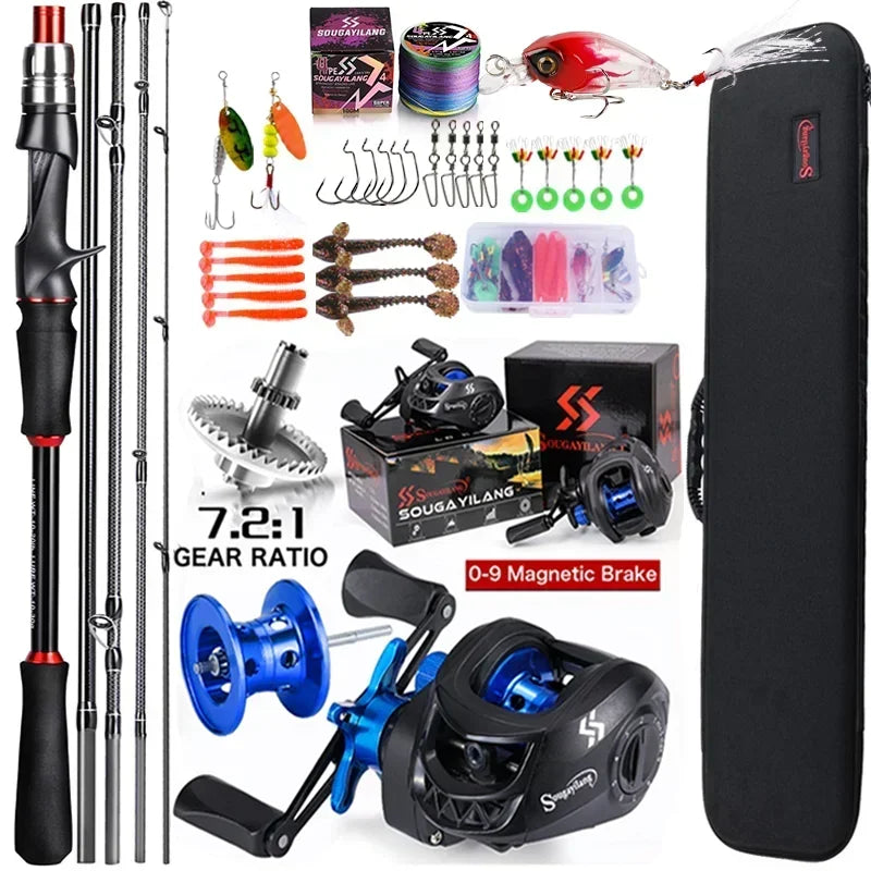 Sougayilang Casting Fishing Rod Reel Set 1.8/2.1m Carbon Fiber Casting Rod and Reel Max Drag 8kg with Line Lure for Bass Pike