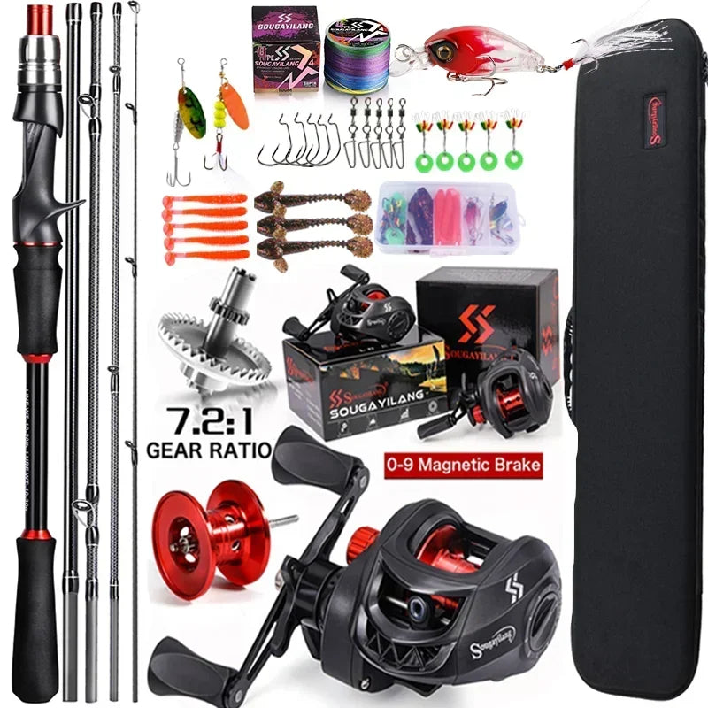 Sougayilang Casting Fishing Rod Reel Set 1.8/2.1m Carbon Fiber Casting Rod and Reel Max Drag 8kg with Line Lure for Bass Pike