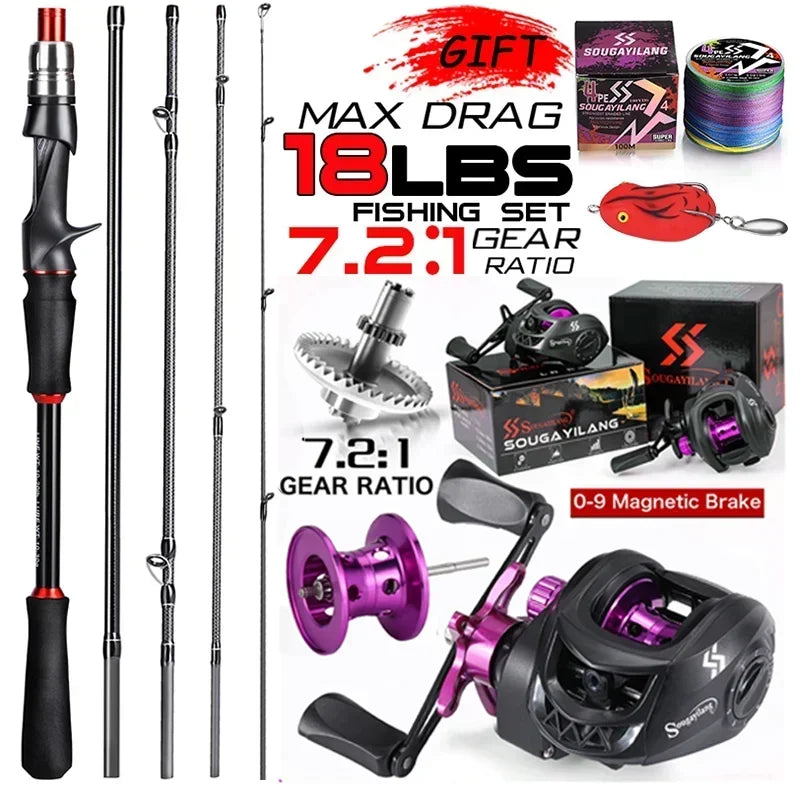 Sougayilang Casting Fishing Rod Reel Set 1.8/2.1m Carbon Fiber Casting Rod and Reel Max Drag 8kg with Line Lure for Bass Pike