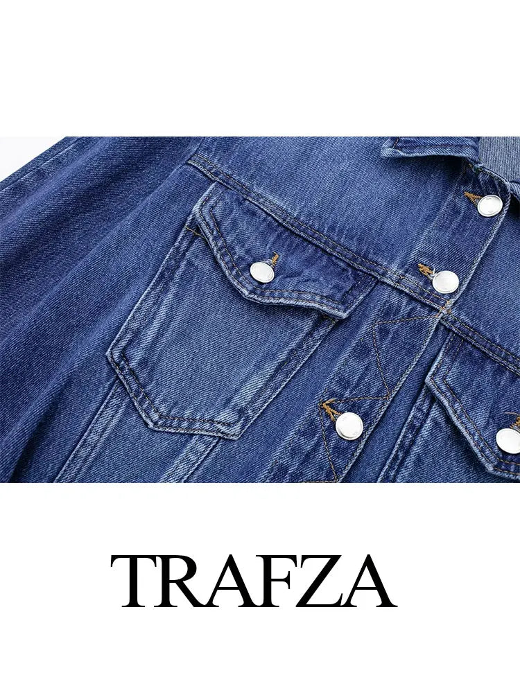 TRAFZA 2024 Spring New Women's Retro Street Denim Jacket Fashion Lapel Single-Breasted Round Neck Pocket Top Women's Chic Jacket