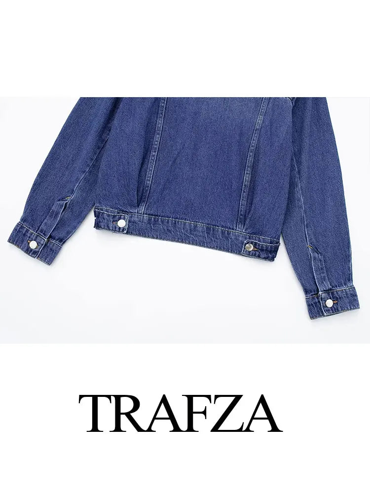 TRAFZA 2024 Spring New Women's Retro Street Denim Jacket Fashion Lapel Single-Breasted Round Neck Pocket Top Women's Chic Jacket