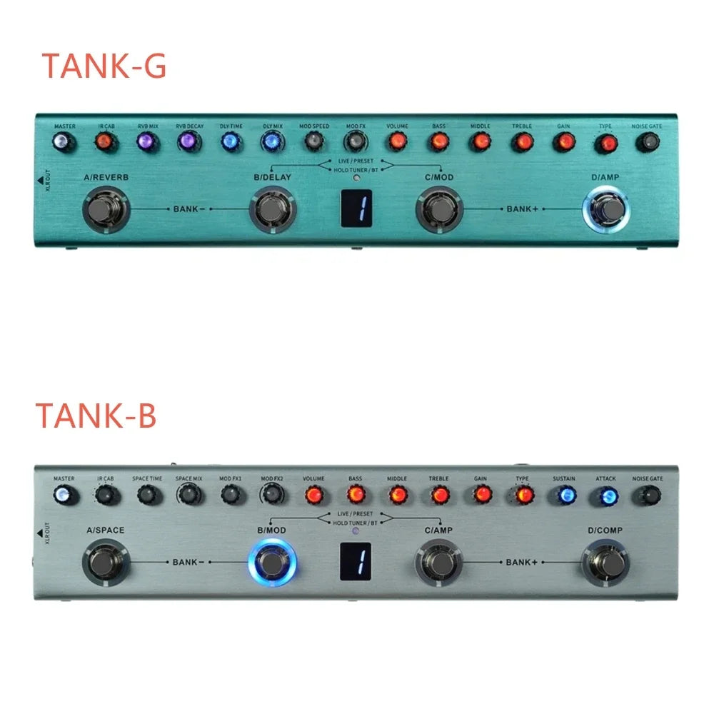 Tank Rechargeable Guitar Multi-Effects Pedal Portable 36 Presets 9 Preamp Slots 8 IR Cab Slots 3 Modulation/Delay/Reverb Effects