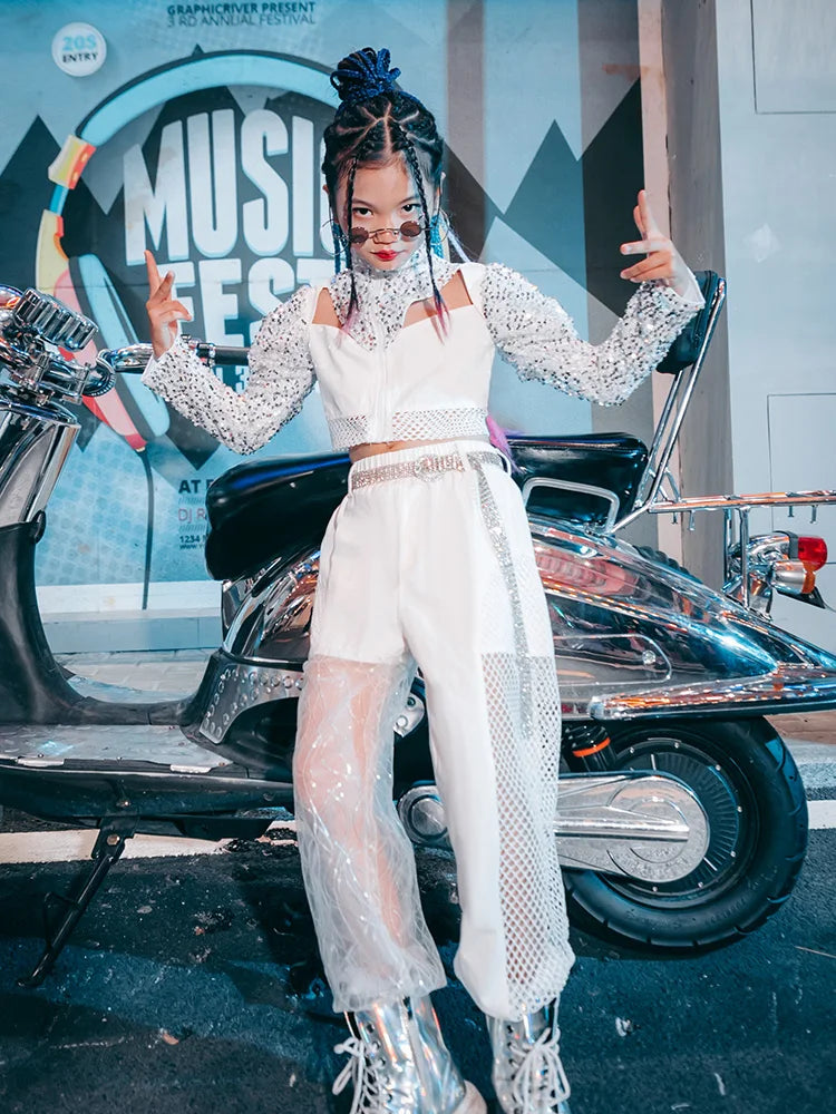 ZZL Children's Sequins Jazz Dance Suit K-pop Clothes Girls' Fashionable Costumes Cool Girls' Catwalk Fashion K-pop Stage Outfit