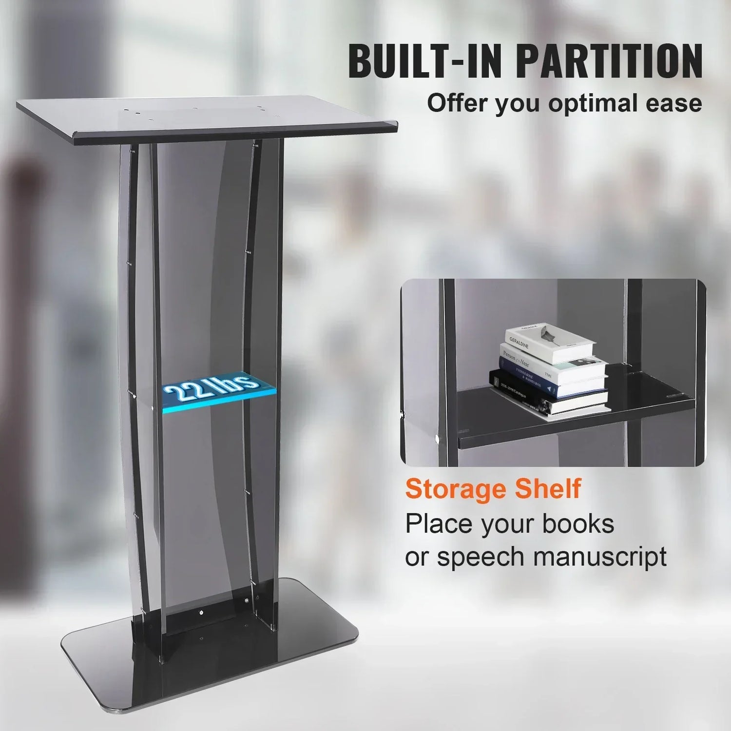 VEVOR 47" Acrylic Podium Stand Floor-Standing Clear Pulpits Acrylic Desktop Lecterns W/ Storage Shelf for Church Office School
