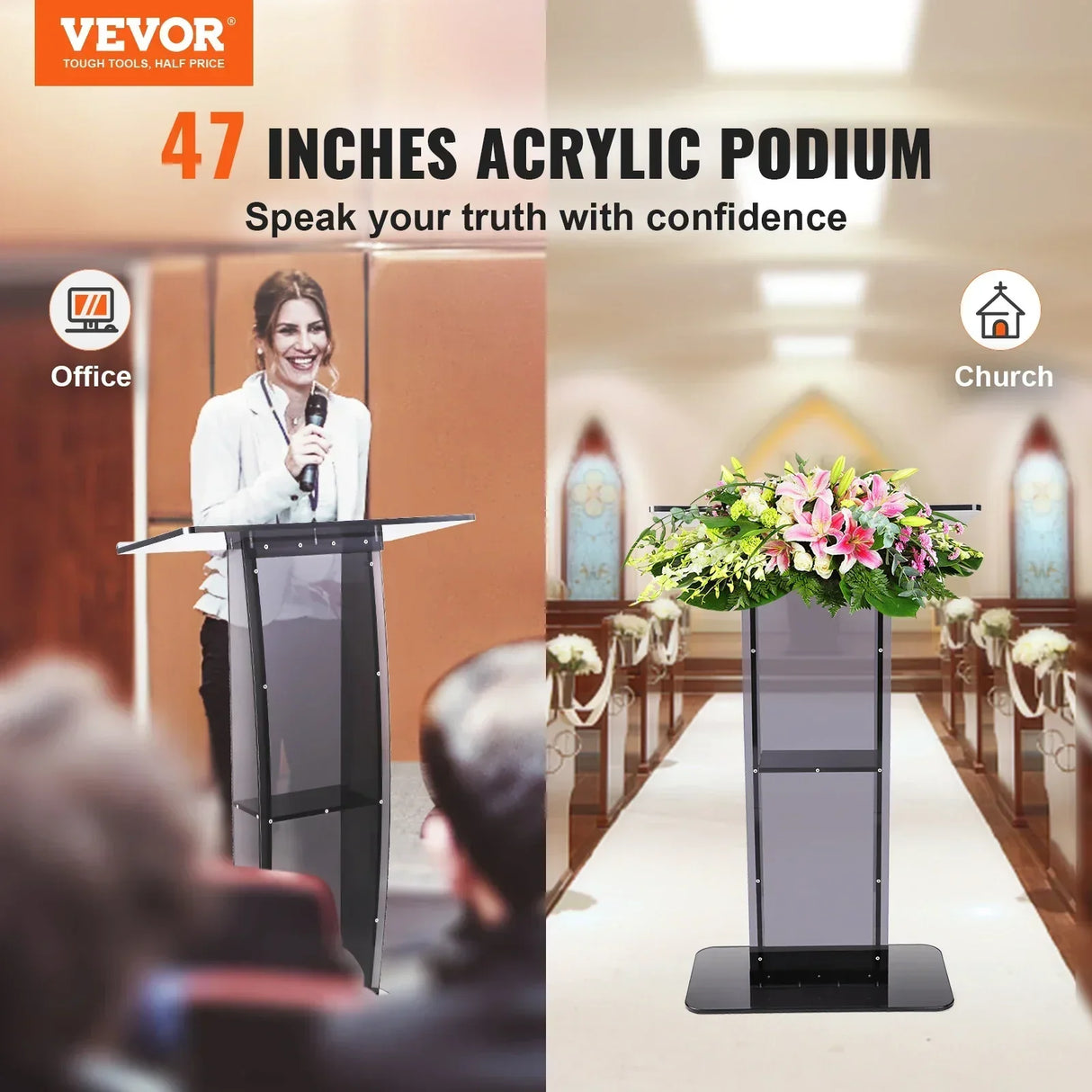 VEVOR 47" Acrylic Podium Stand Floor-Standing Clear Pulpits Acrylic Desktop Lecterns W/ Storage Shelf for Church Office School