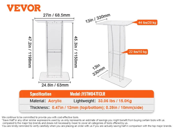 VEVOR 47" Acrylic Podium Stand Floor-Standing Clear Pulpits Acrylic Desktop Lecterns W/ Storage Shelf for Church Office School