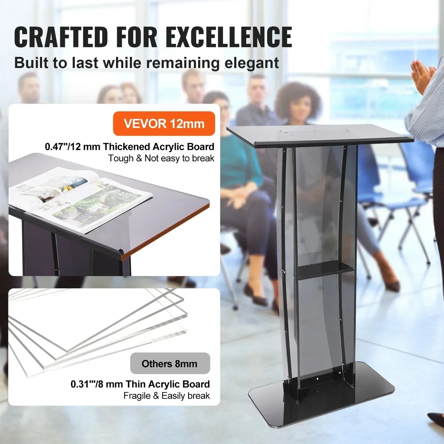 VEVOR 47" Acrylic Podium Stand Floor-Standing Clear Pulpits Acrylic Desktop Lecterns W/ Storage Shelf for Church Office School