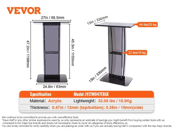 VEVOR 47" Acrylic Podium Stand Floor-Standing Clear Pulpits Acrylic Desktop Lecterns W/ Storage Shelf for Church Office School