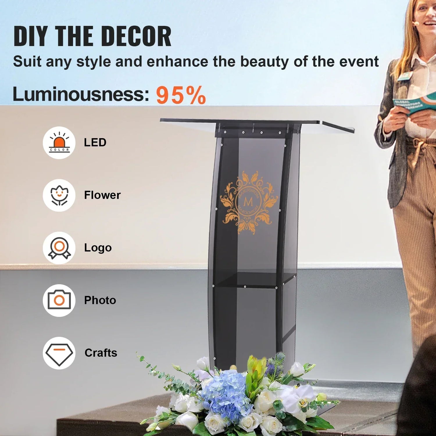 VEVOR 47" Acrylic Podium Stand Floor-Standing Clear Pulpits Acrylic Desktop Lecterns W/ Storage Shelf for Church Office School