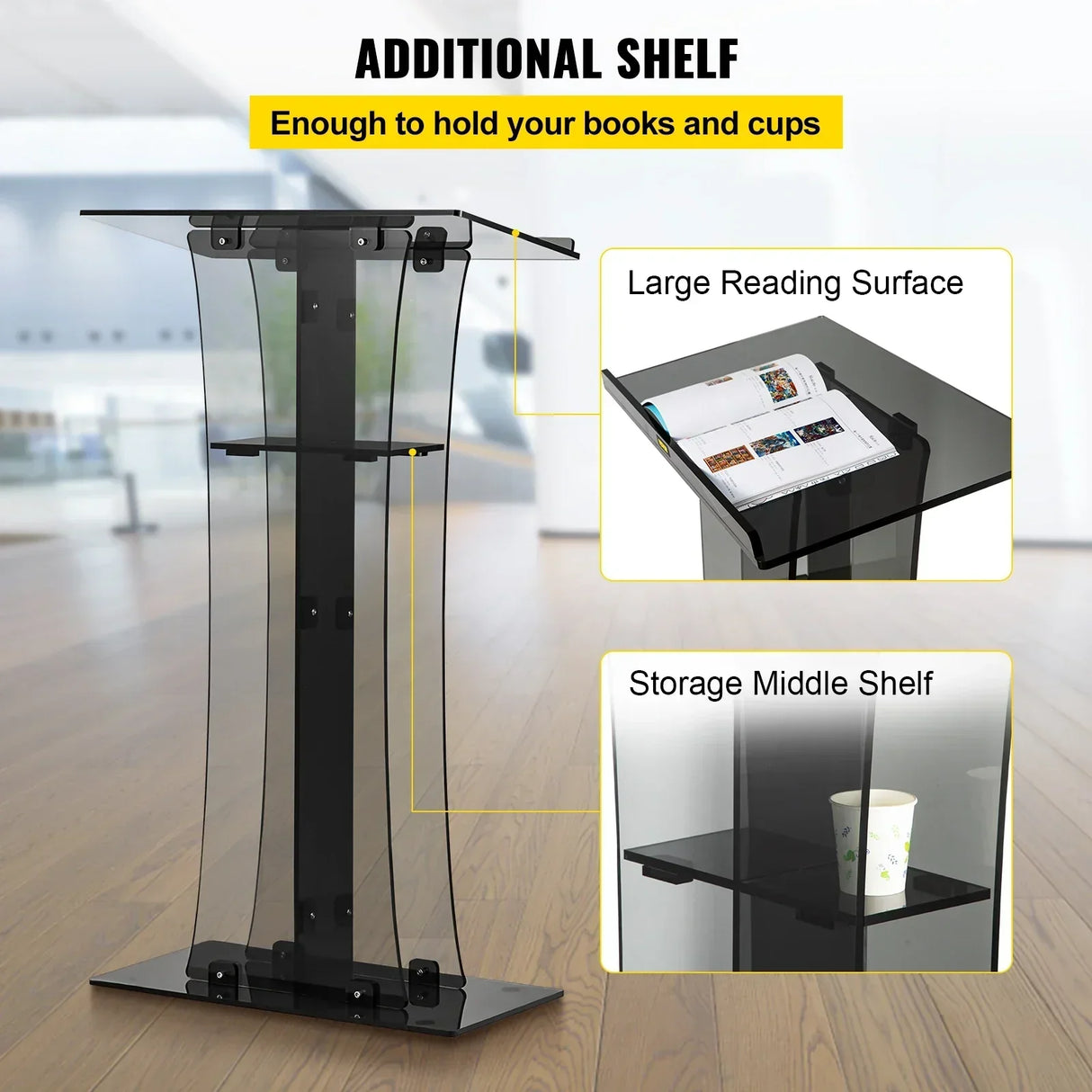 VEVOR 47" Clear Podium Stand Floor-Standing Acrylic Podium Lectern W/ Reading Surface & Storage Shelf for Church Office School