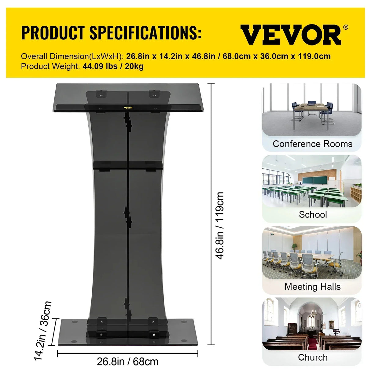 VEVOR 47" Clear Podium Stand Floor-Standing Acrylic Podium Lectern W/ Reading Surface & Storage Shelf for Church Office School