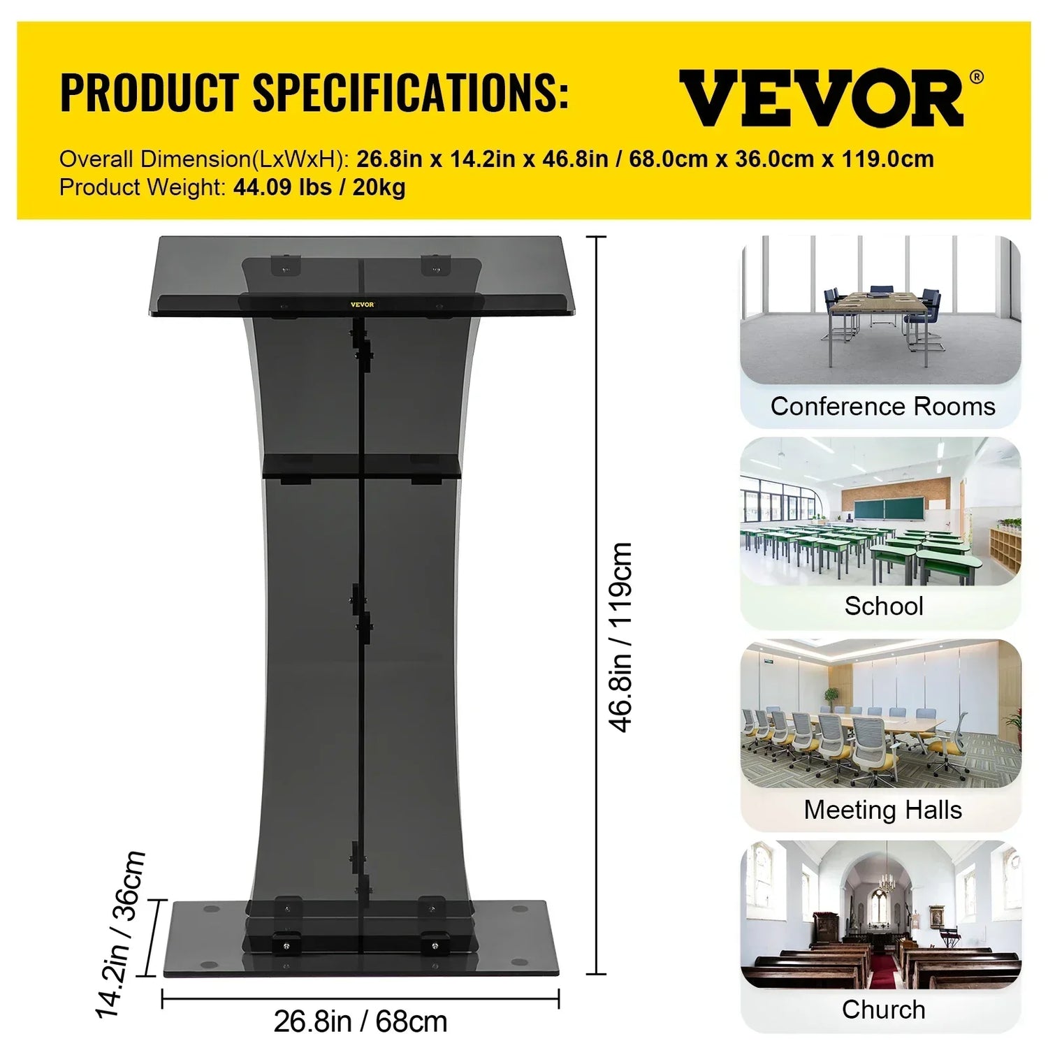 VEVOR 47" Clear Podium Stand Floor-Standing Acrylic Podium Lectern W/ Reading Surface & Storage Shelf for Church Office School