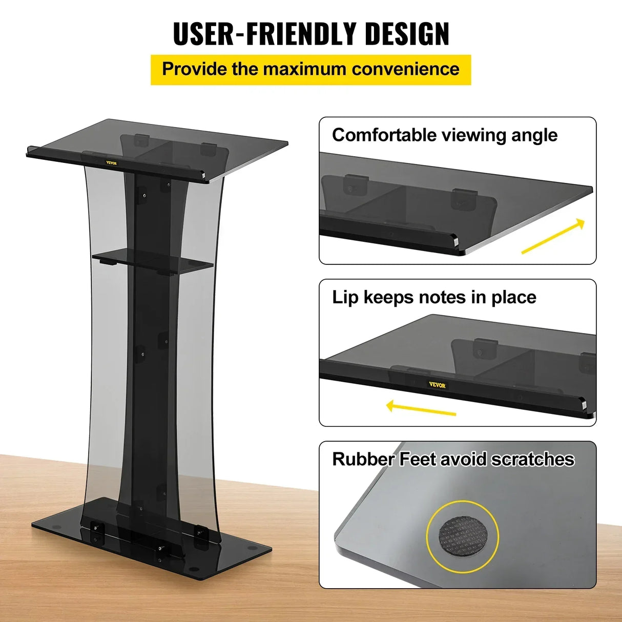 VEVOR 47" Clear Podium Stand Floor-Standing Acrylic Podium Lectern W/ Reading Surface & Storage Shelf for Church Office School