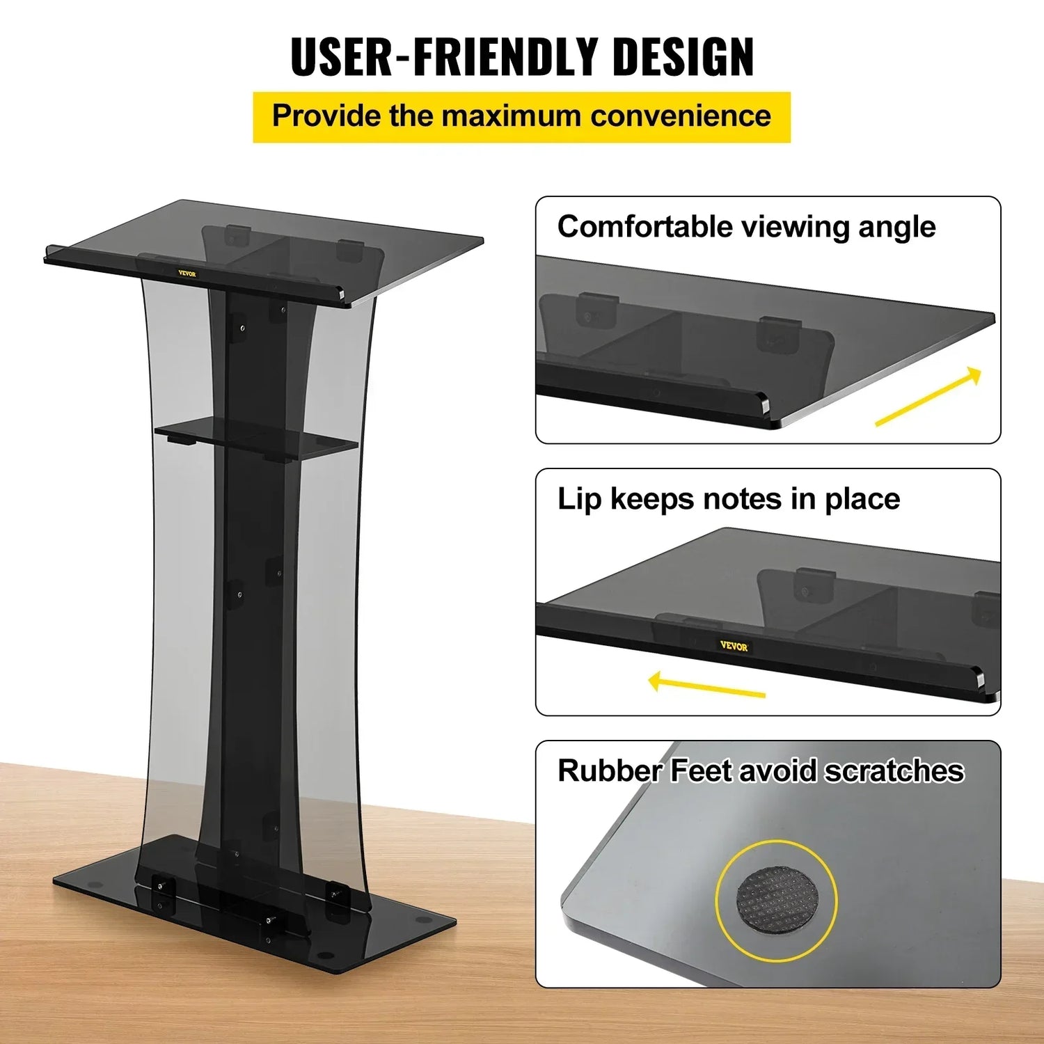 VEVOR 47" Clear Podium Stand Floor-Standing Acrylic Podium Lectern W/ Reading Surface & Storage Shelf for Church Office School