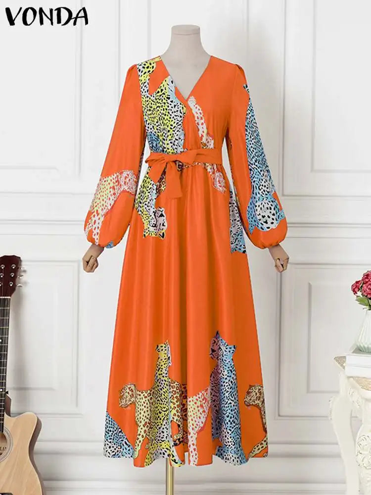 VONDA Plus Size Women Dress 2024 Autumn Vintage Printed V-Neck Casual Sundress Long Lantern Sleeve Belted Bohemian Robe