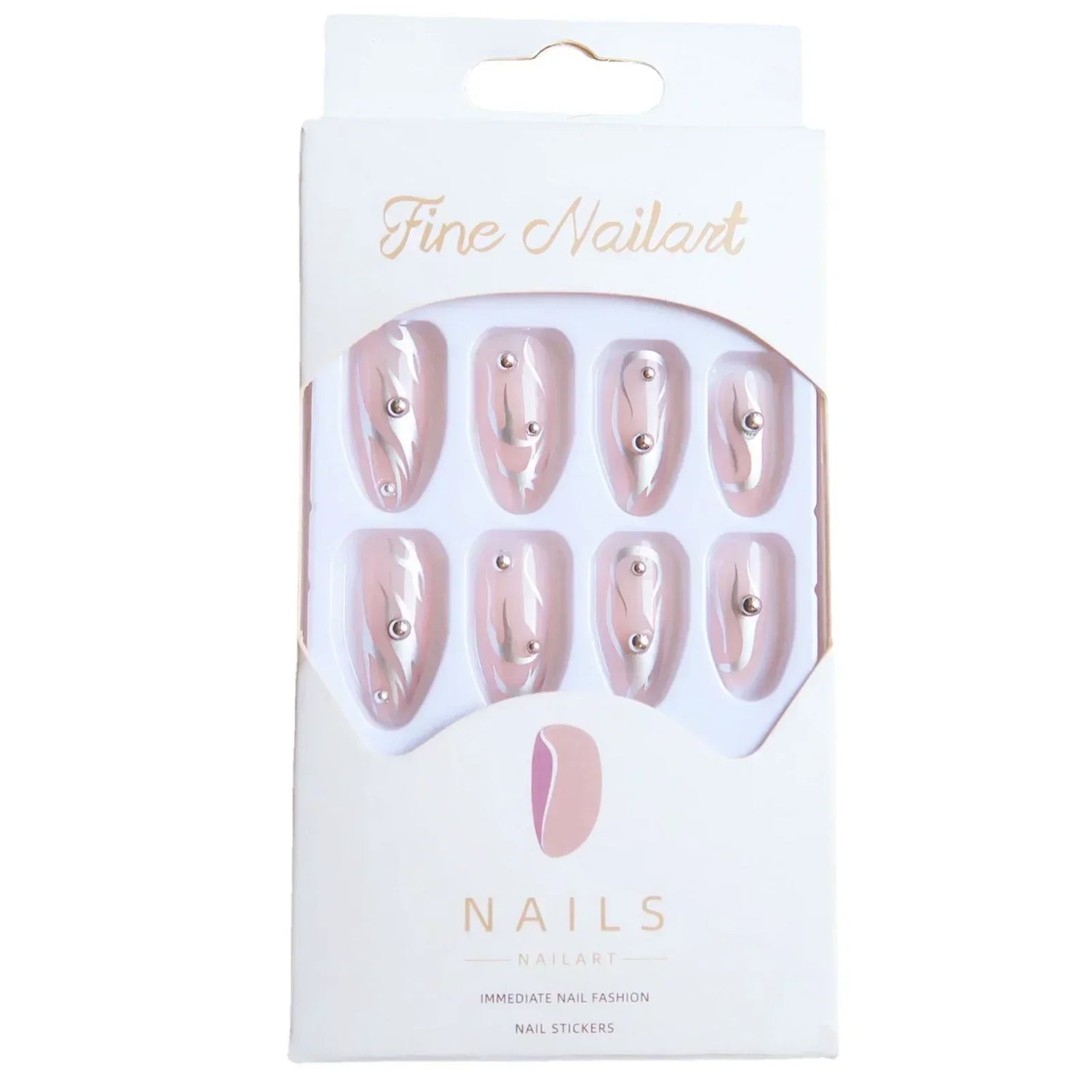 Wearable Silver Stripes Y2k False Nails Long Almond Round Fashion Nail Tips Press On With Silver Beads Designs Fake Nails Art