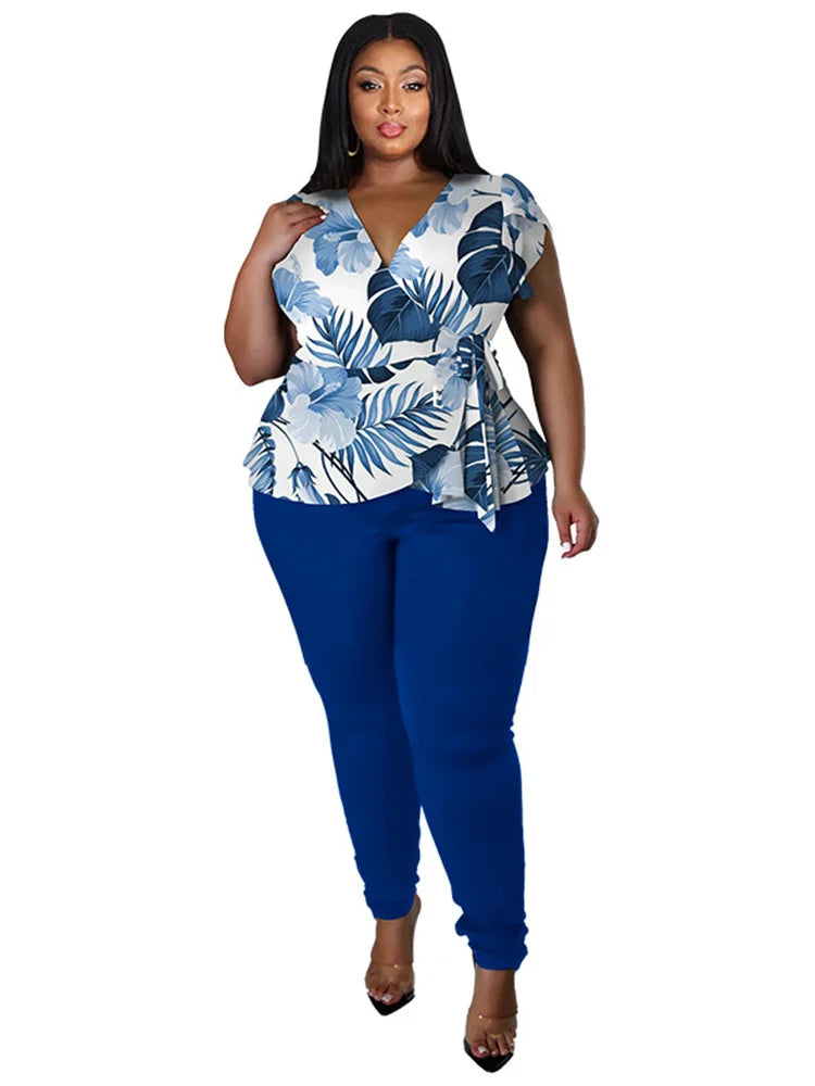 Wmstar Plus Size Two Piece Outfits Pants Sets Women Summer Clothes Printed Top Solid Leggings Matching Wholesale Dropshipping