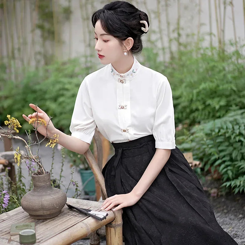 Woman Ming Dynasty Hanfu Horse Face Skirt Chinese Traditional Hanfu Costume Stand Collar Vintage Pleats Skirt Black