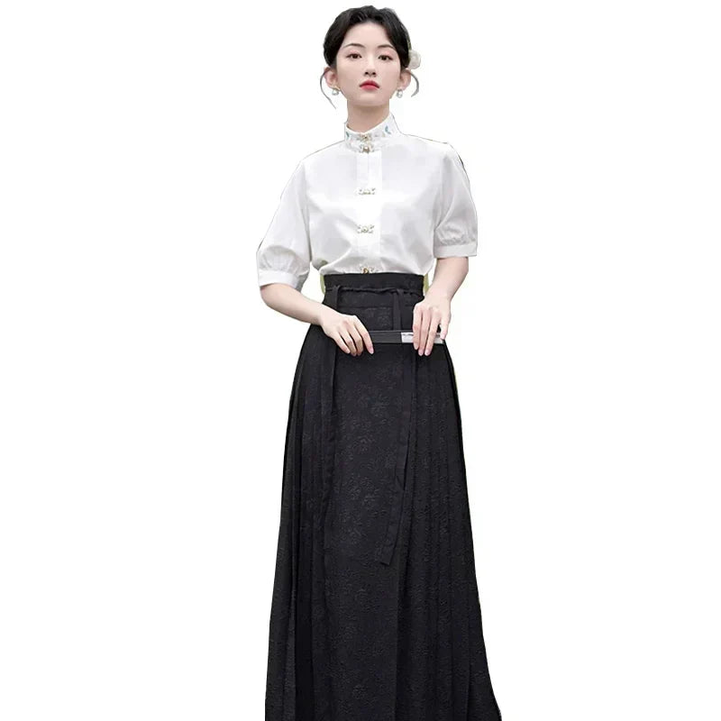 Woman Ming Dynasty Hanfu Horse Face Skirt Chinese Traditional Hanfu Costume Stand Collar Vintage Pleats Skirt Black