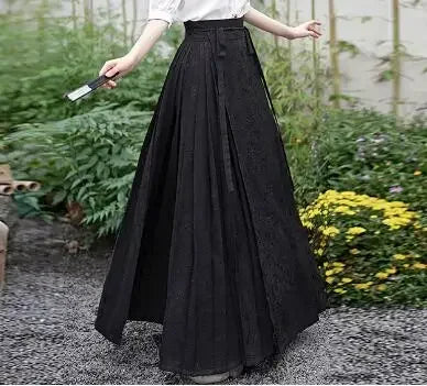 Woman Ming Dynasty Hanfu Horse Face Skirt Chinese Traditional Hanfu Costume Stand Collar Vintage Pleats Skirt Black