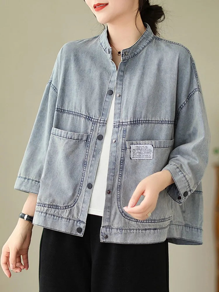 Women Casual Denim Jackets New Arrival 2023 Autumn Korean Style Vintage Stand Collar Basics Female Long Sleeve Coats B3072