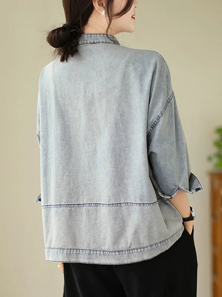 Women Casual Denim Jackets New Arrival 2023 Autumn Korean Style Vintage Stand Collar Basics Female Long Sleeve Coats B3072