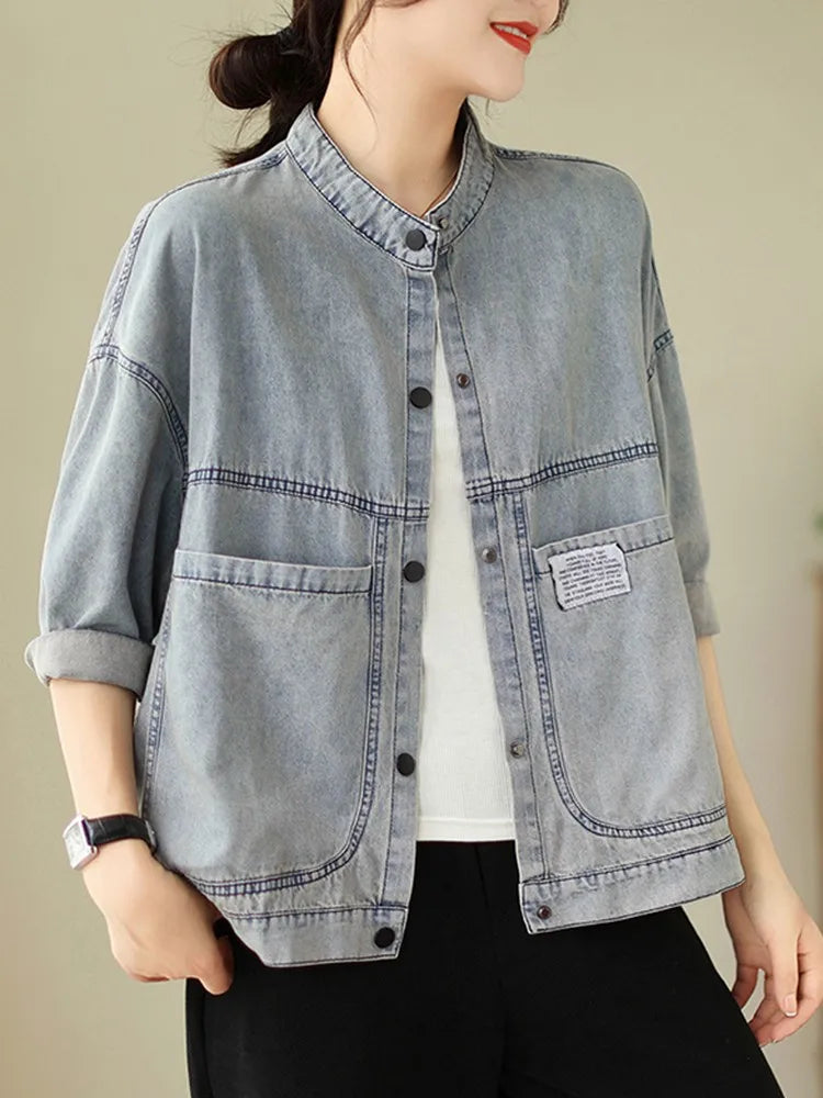 Women Casual Denim Jackets New Arrival 2023 Autumn Korean Style Vintage Stand Collar Basics Female Long Sleeve Coats B3072