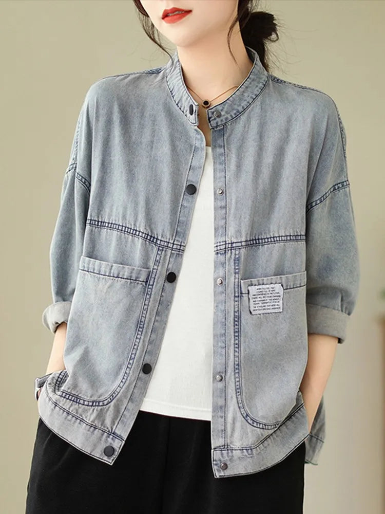 Women Casual Denim Jackets New Arrival 2023 Autumn Korean Style Vintage Stand Collar Basics Female Long Sleeve Coats B3072