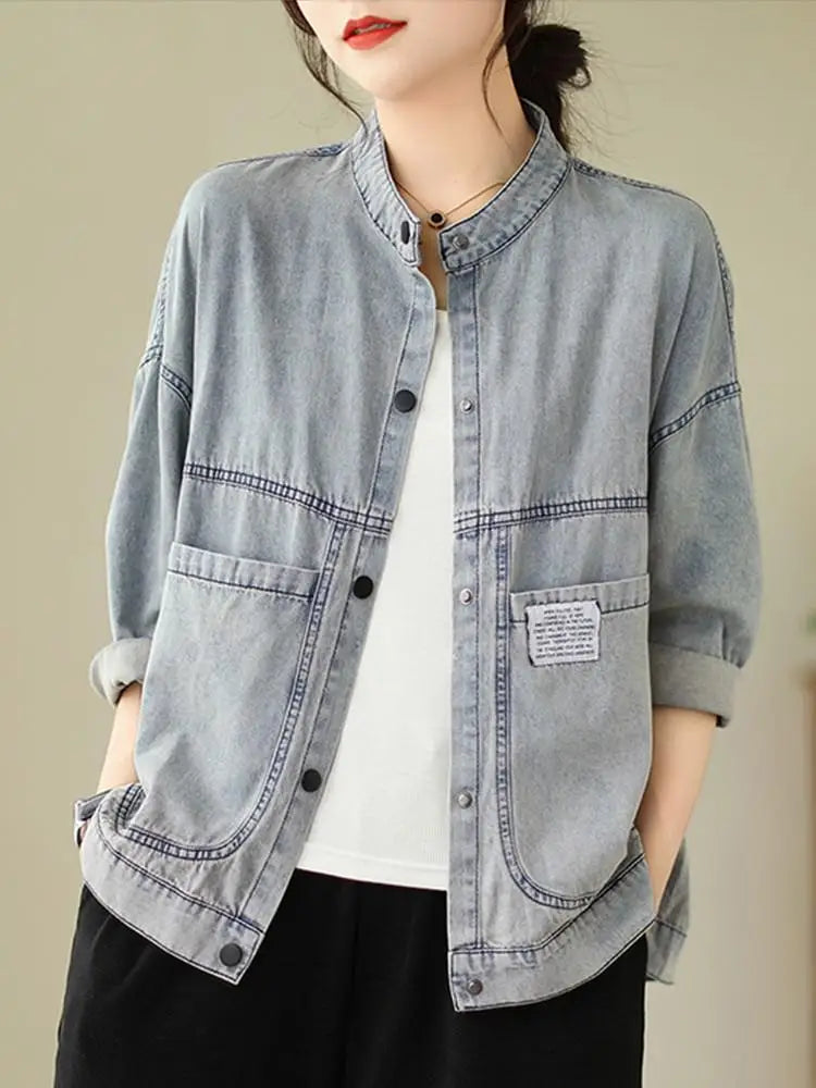 Women Casual Denim Jackets New Arrival 2023 Autumn Korean Style Vintage Stand Collar Basics Female Long Sleeve Coats B3072