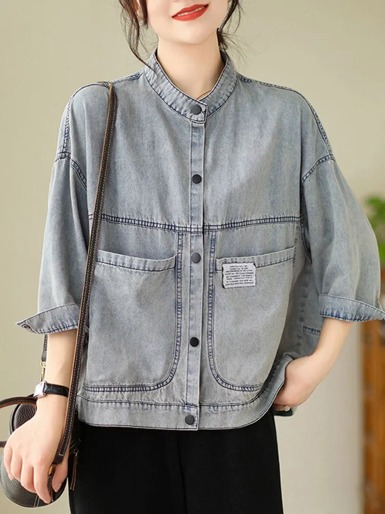 Women Casual Denim Jackets New Arrival 2023 Autumn Korean Style Vintage Stand Collar Basics Female Long Sleeve Coats B3072