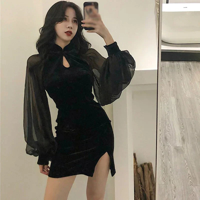 Women's Cheongsam Qipao Dress Velvet Side Split Lantern Sleeve Slim Fit Long Sleeves Dress Mandarin Collar Mini Dress