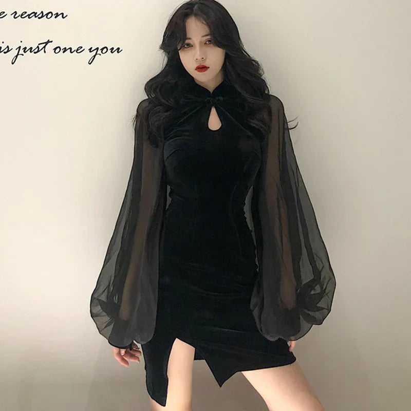 Women's Cheongsam Qipao Dress Velvet Side Split Lantern Sleeve Slim Fit Long Sleeves Dress Mandarin Collar Mini Dress