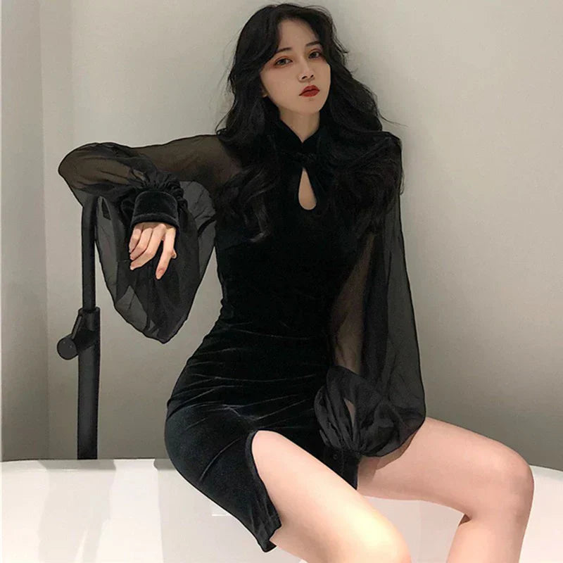 Women's Cheongsam Qipao Dress Velvet Side Split Lantern Sleeve Slim Fit Long Sleeves Dress Mandarin Collar Mini Dress