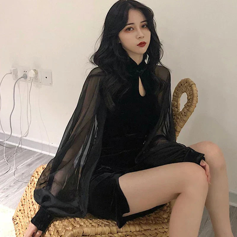 Women's Cheongsam Qipao Dress Velvet Side Split Lantern Sleeve Slim Fit Long Sleeves Dress Mandarin Collar Mini Dress