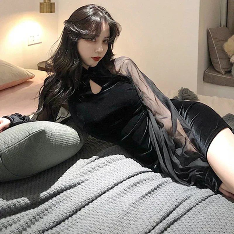 Women's Cheongsam Qipao Dress Velvet Side Split Lantern Sleeve Slim Fit Long Sleeves Dress Mandarin Collar Mini Dress