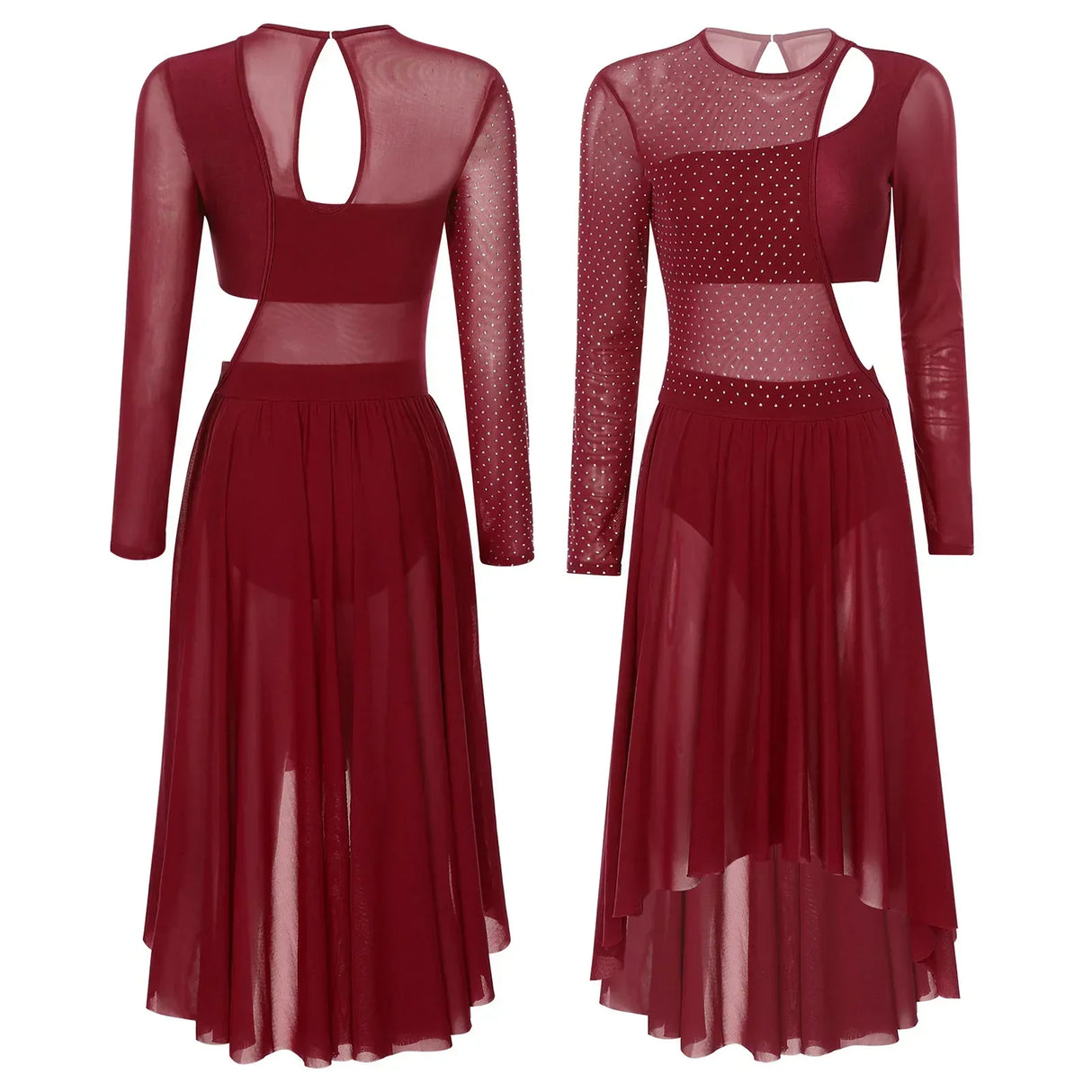 Womens Ballet Lyrical Dance Dress Shiny Rhinestone Sheer Mesh Gymnastics Leotard Modern Contemporary Stage Performance Dancewear