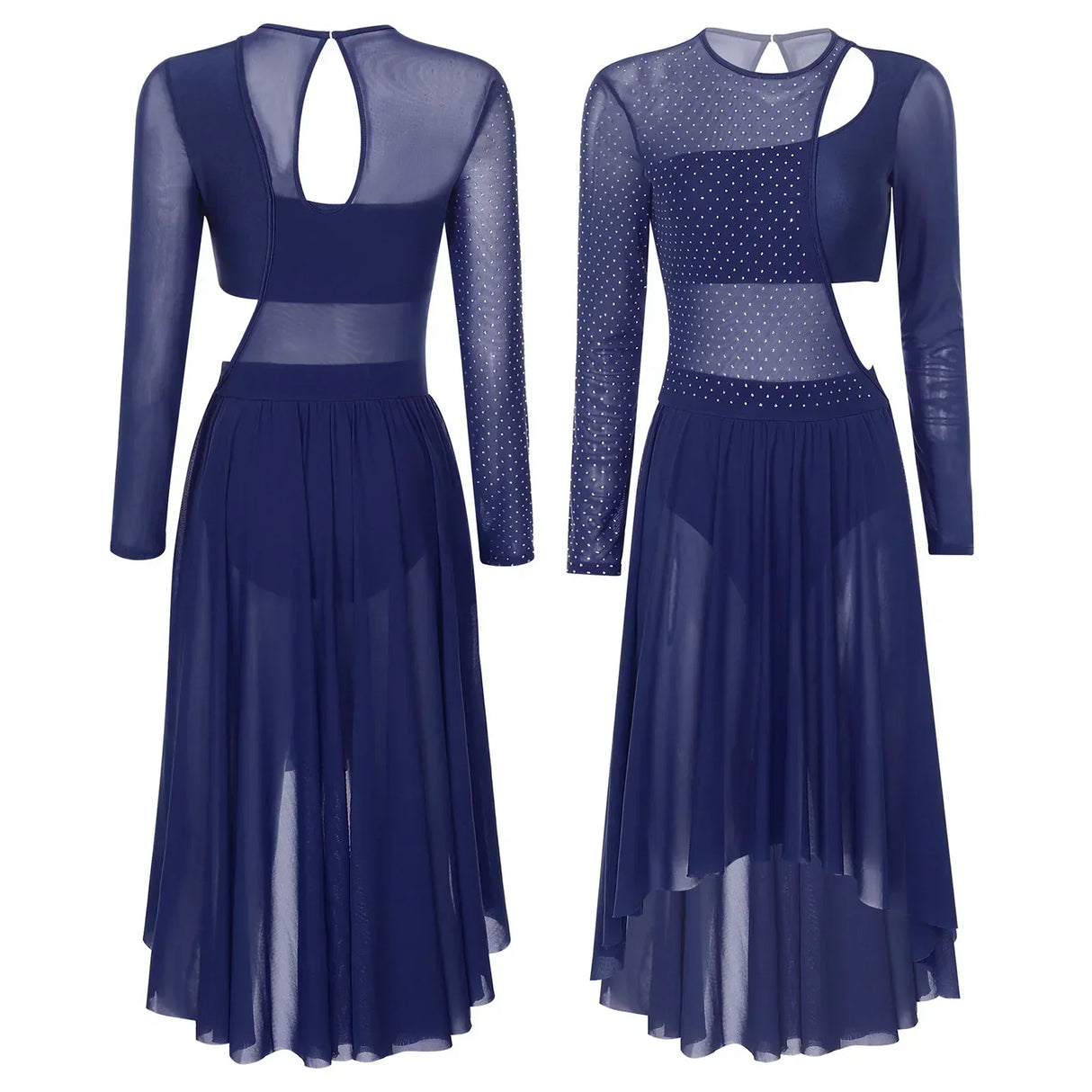 Womens Ballet Lyrical Dance Dress Shiny Rhinestone Sheer Mesh Gymnastics Leotard Modern Contemporary Stage Performance Dancewear