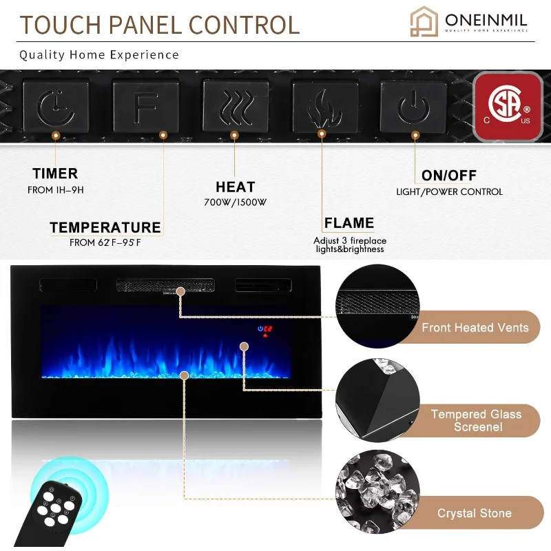 Oneinmil Fireplace TV Stand with 36" Electric Fireplace, LED Light Entertainment Center, TVs Up to 80", 70 inches, Black