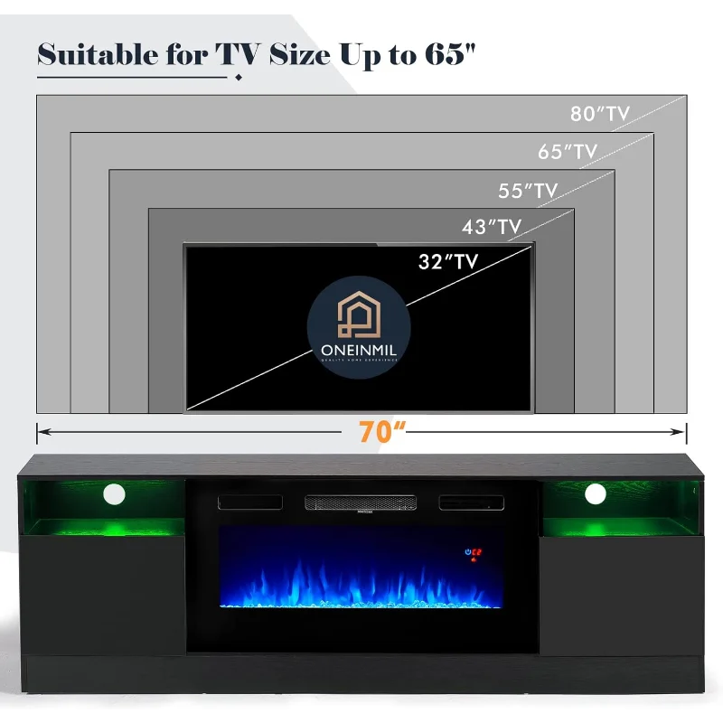Oneinmil Fireplace TV Stand with 36" Electric Fireplace, LED Light Entertainment Center, TVs Up to 80", 70 inches, Black
