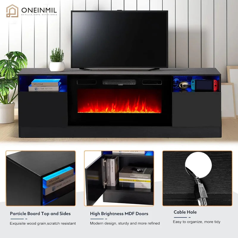 Oneinmil Fireplace TV Stand with 36" Electric Fireplace, LED Light Entertainment Center, TVs Up to 80", 70 inches, Black