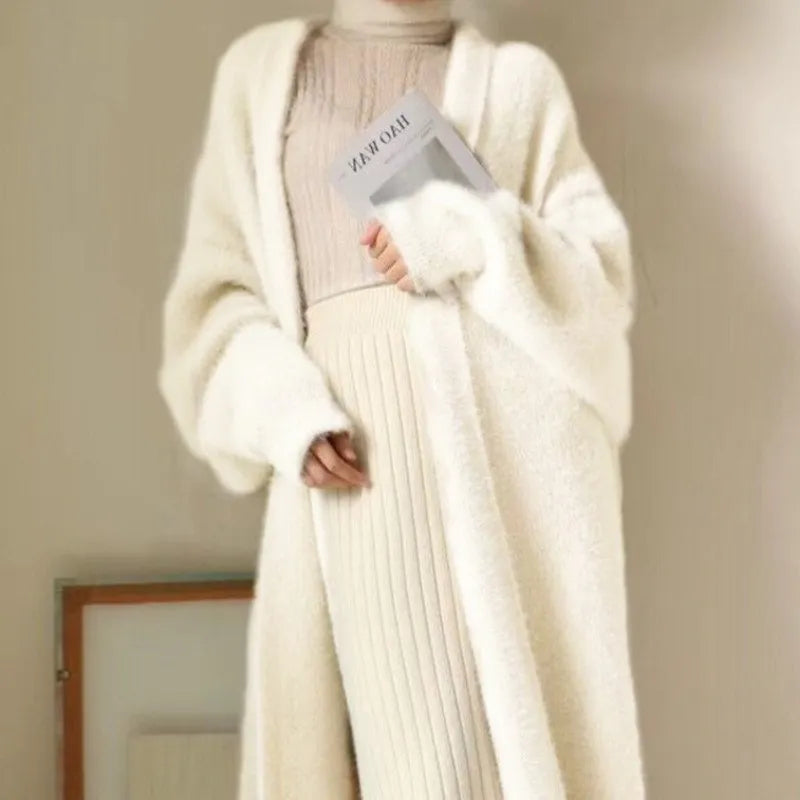 White Long Cardigan for women 2024 winter clothes Knitted fluffy long sleeve Cashmere sweater coat clotkorean style warm vintage