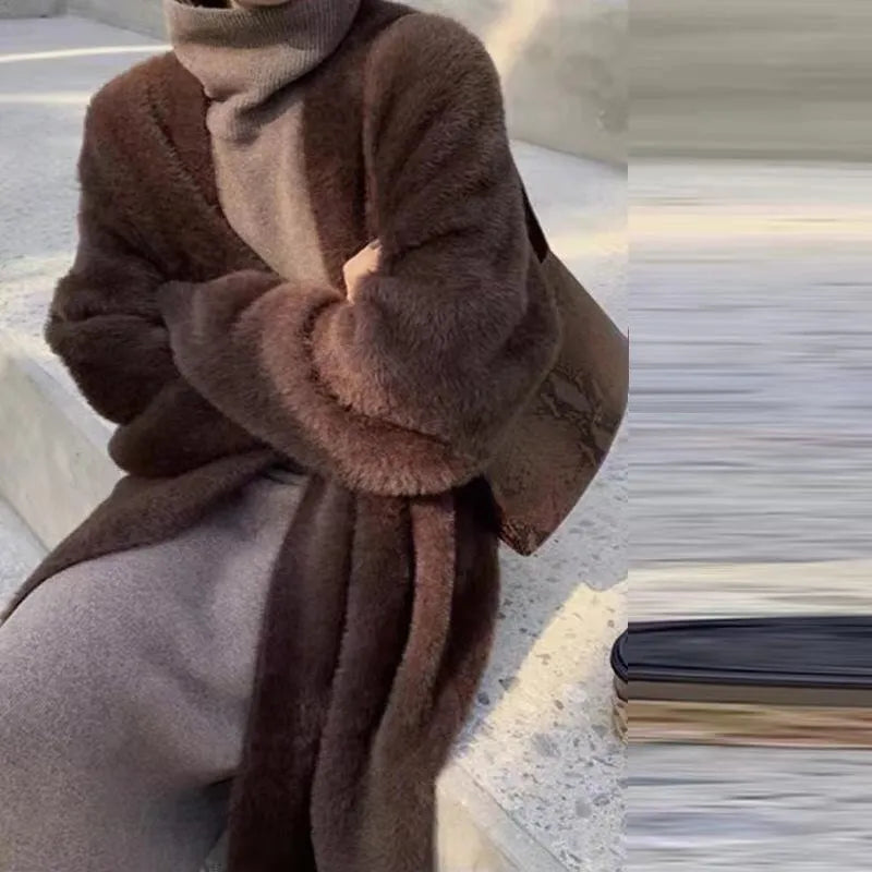 White Long Cardigan for women 2024 winter clothes Knitted fluffy long sleeve Cashmere sweater coat clotkorean style warm vintage