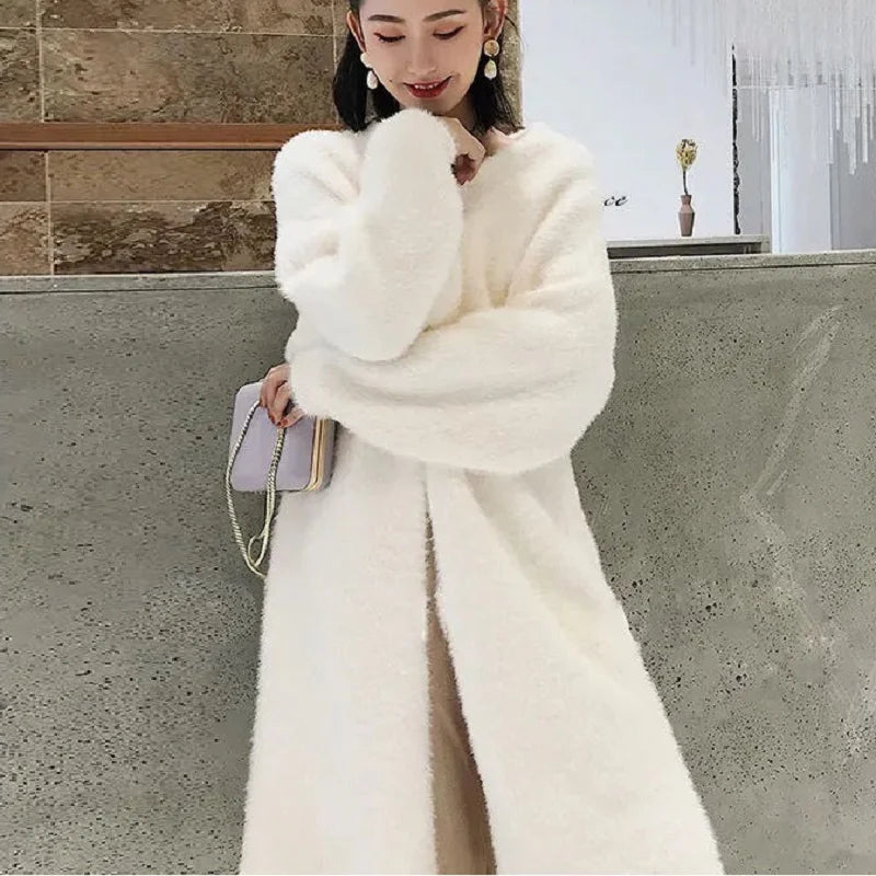 White Long Cardigan for women 2024 winter clothes Knitted fluffy long sleeve Cashmere sweater coat clotkorean style warm vintage