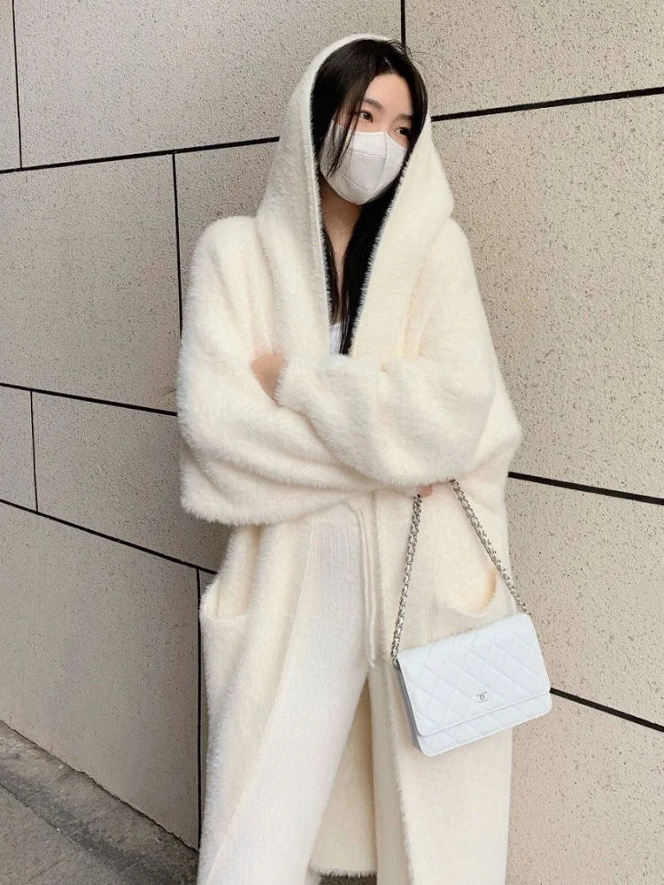White Long Cardigan for women 2024 winter clothes Knitted fluffy long sleeve Cashmere sweater coat clotkorean style warm vintage