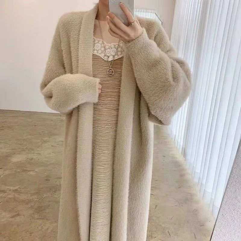 White Long Cardigan for women 2024 winter clothes Knitted fluffy long sleeve Cashmere sweater coat clotkorean style warm vintage