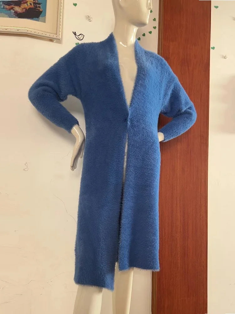 White Long Cardigan for women 2024 winter clothes Knitted fluffy long sleeve Cashmere sweater coat clotkorean style warm vintage